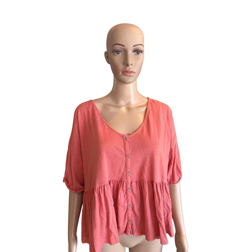Hyfve Women Coral Pink Button Front Babydoll Peplum‎ Top HF21E720BL Medium